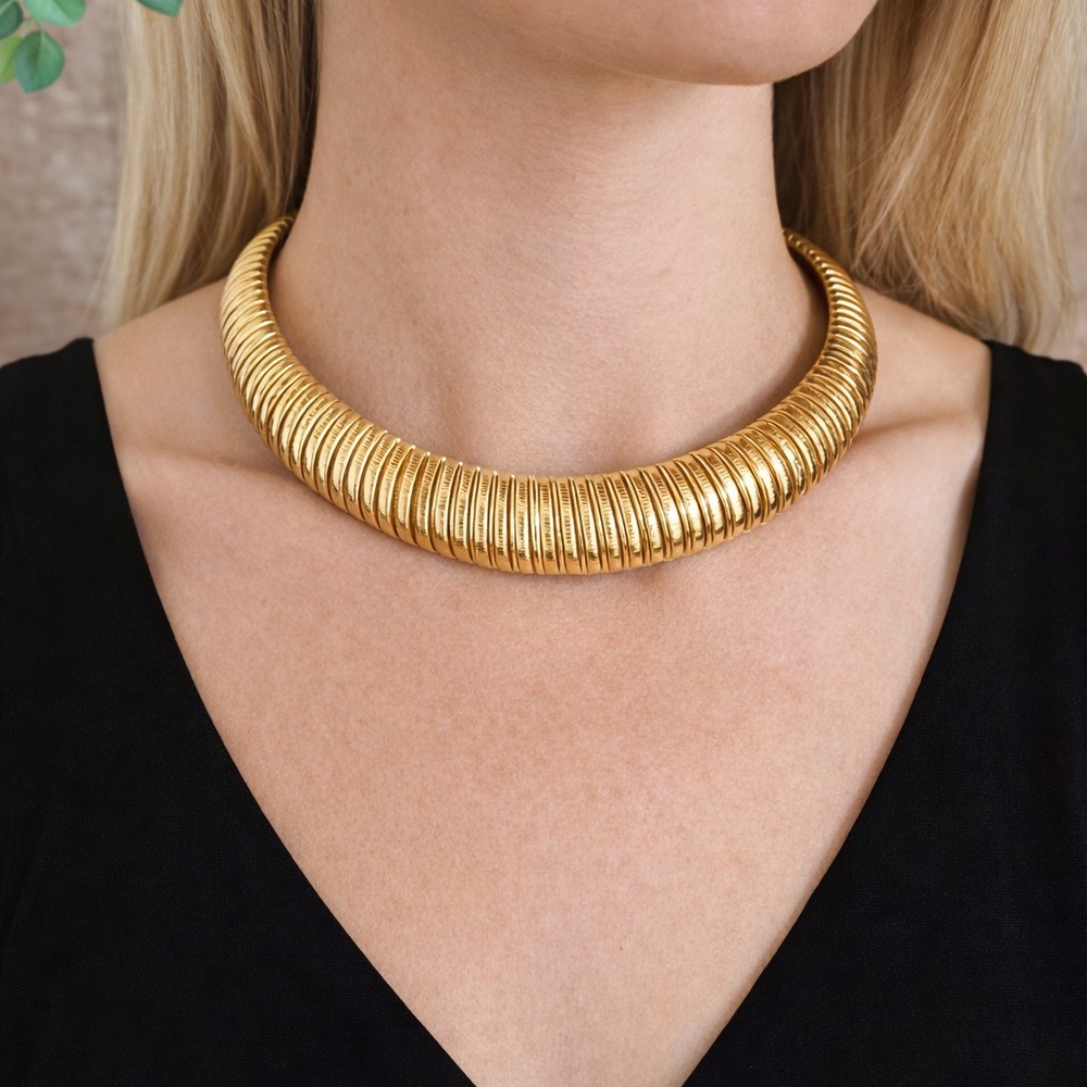 Vintage Gold Tone Omega Collar Necklace Ribbed Statement Choker Unsigned